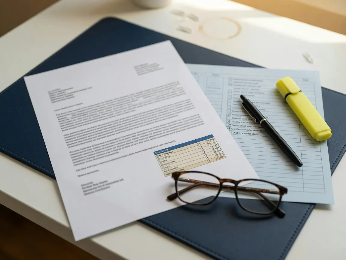 Reading a lender approval letter closely with a checklist, pen and reading glasses on a bright desk.