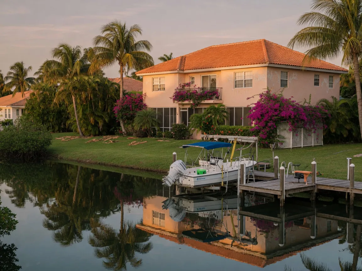 A waterfront Florida home on a canal off the Manatee River with a private dock and boat lift holding a center-console boat