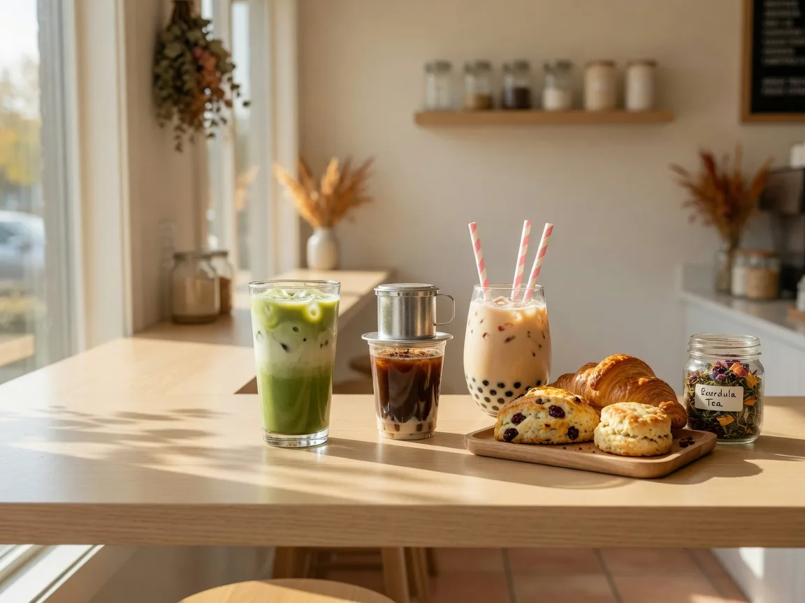 The counter of a new specialty tea and coffee shop in Merced County in October, with an iced matcha latte, Vietnamese iced coffee, and a boba milk tea on a light wood counter beside pastries and loose-leaf tea in soft morning light