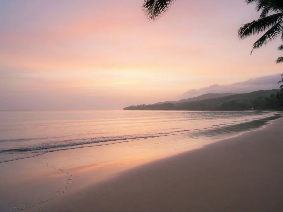 Calm Hawaiian beach at dawn with soft pink and gold light on the water