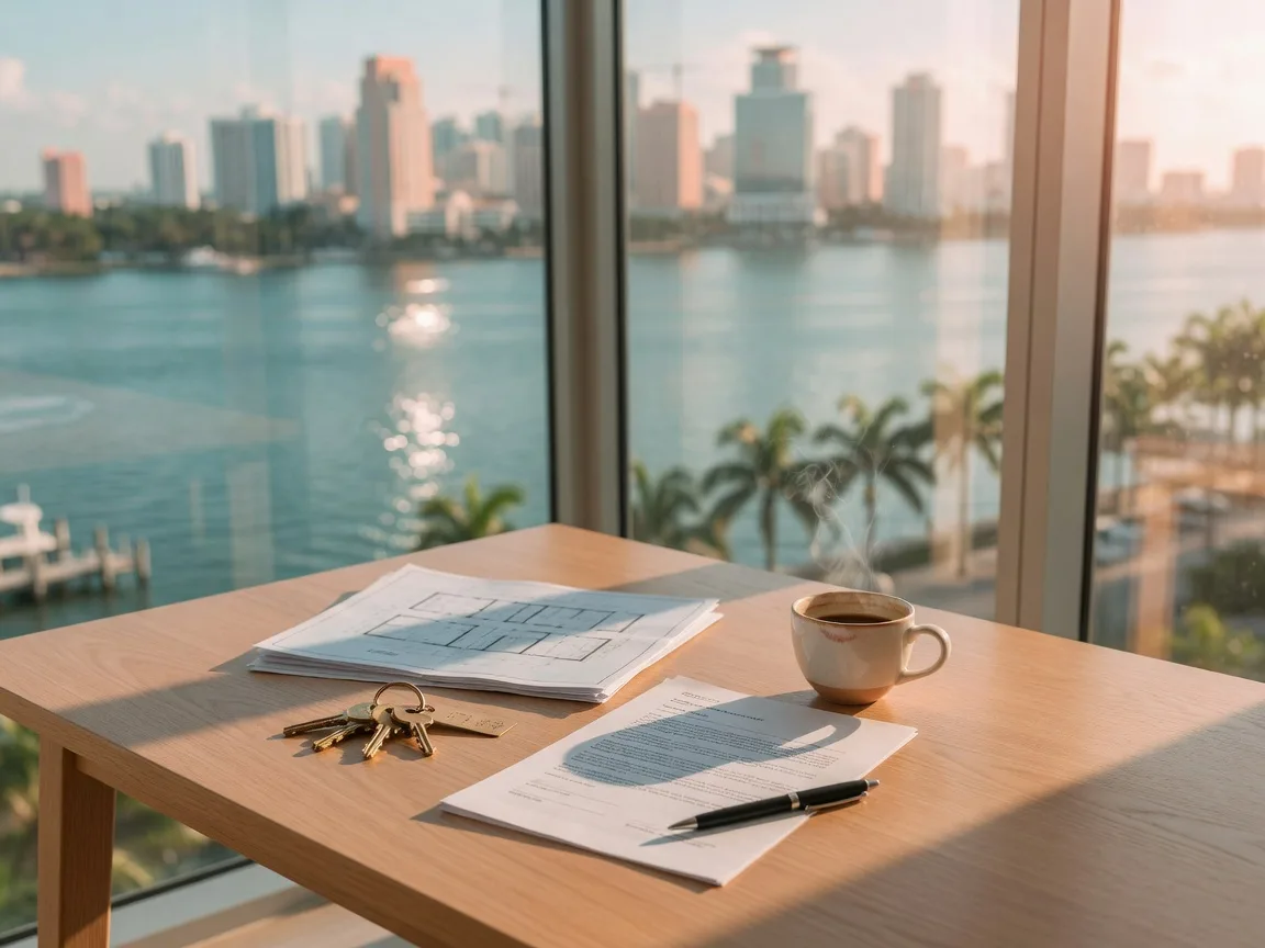 Property keys, floor plans, and a contract on Russell's desk with a Miami waterfront view