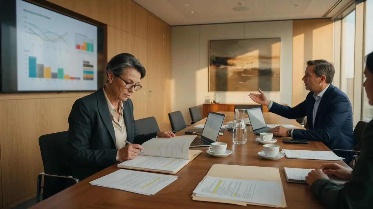 Corporate business meeting in a modern conference room discussing strategic succession planning