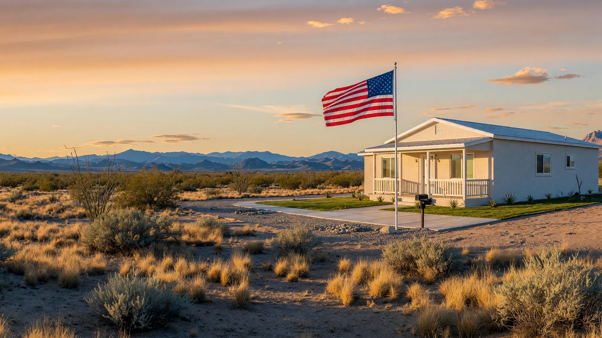 American flag flying from the porch of a newly built Arizona home at golden hour