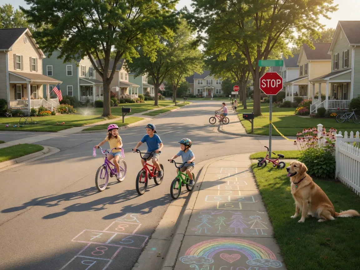 Children playing and riding bikes on a quiet, safe suburban street in a family-friendly Northland neighborhood