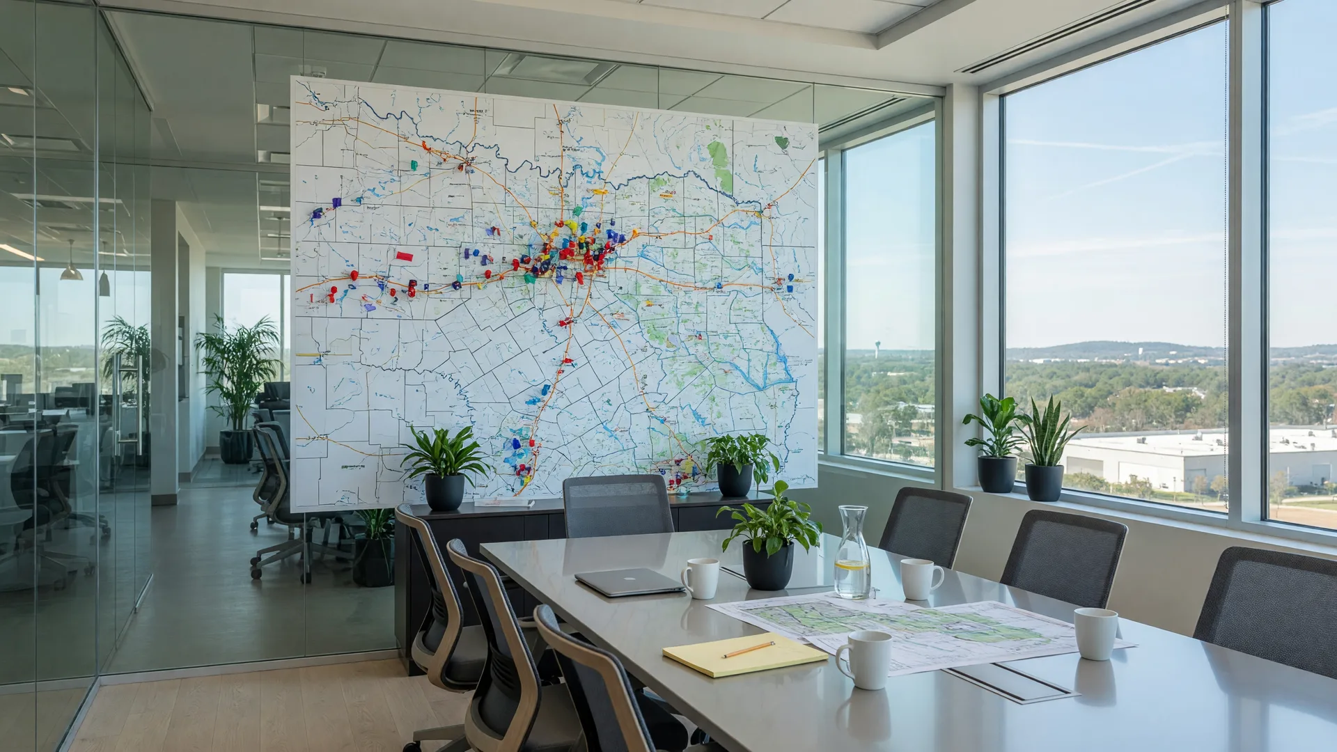 Modern conference room in a Texas business park with a wall-mounted map of Northeast Texas showing development pins and sites