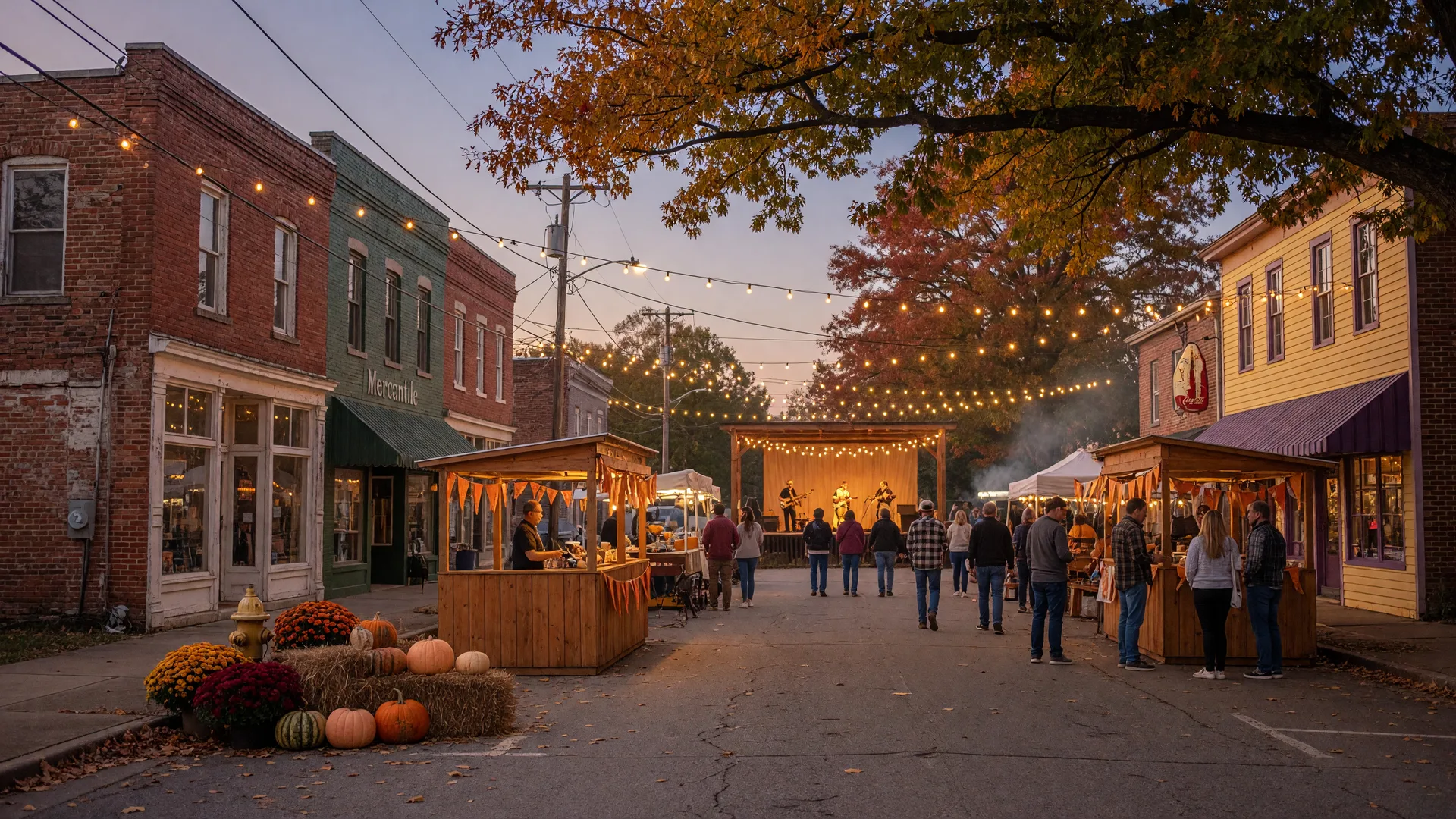 Downtown Hartwell's main street lit with string lights for a fall festival evening, vendor stalls, pumpkins, and oak trees turning gold