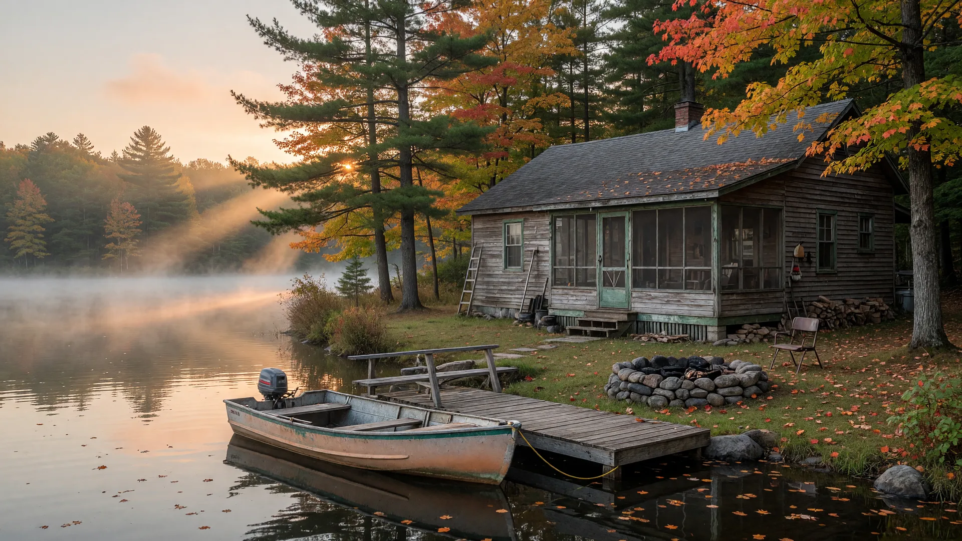 Family lake cabin with a screened porch and wooden dock among autumn trees