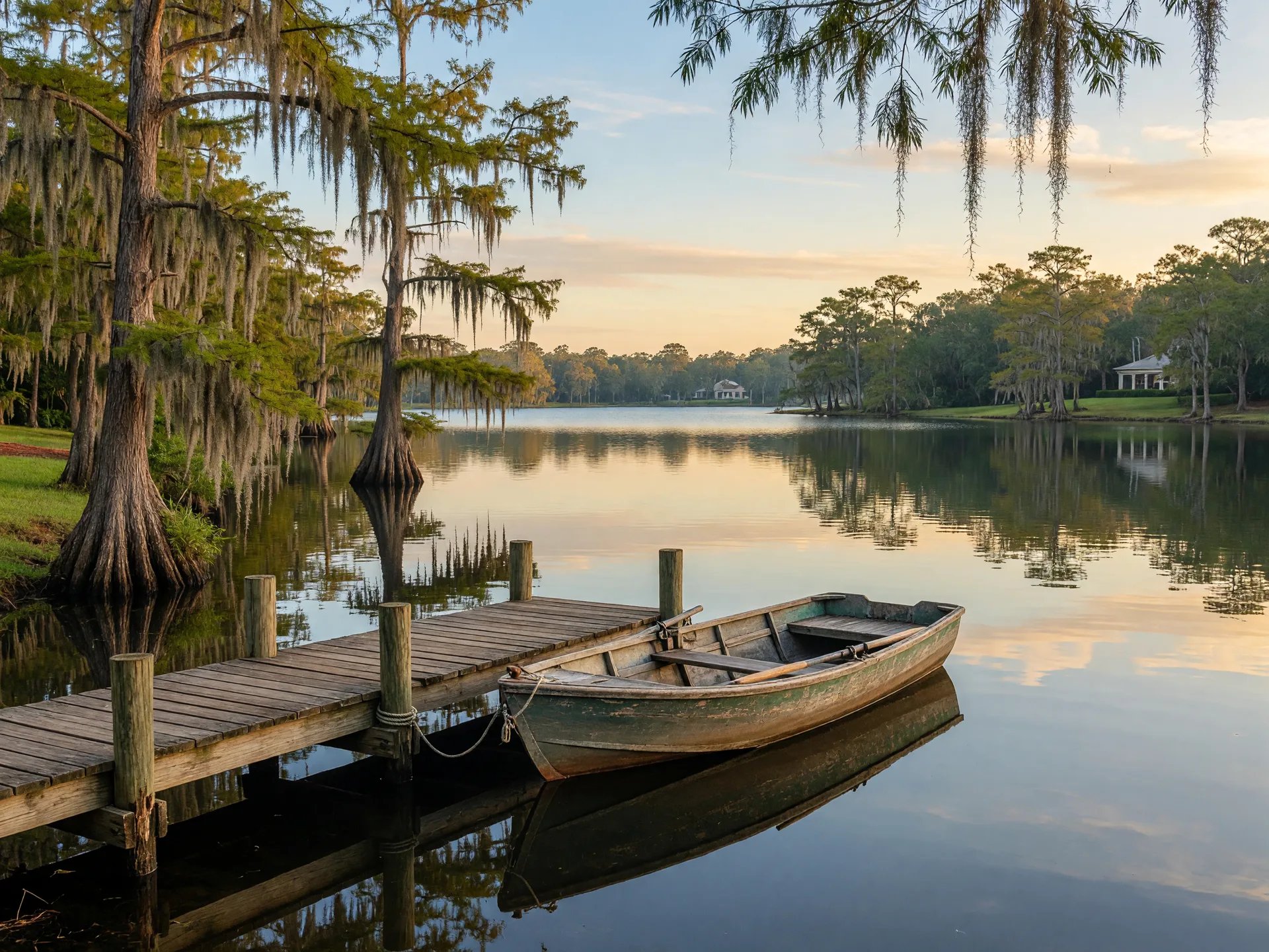A weathered wooden rowboat tied to a dock on a calm Maitland lake with cypress trees