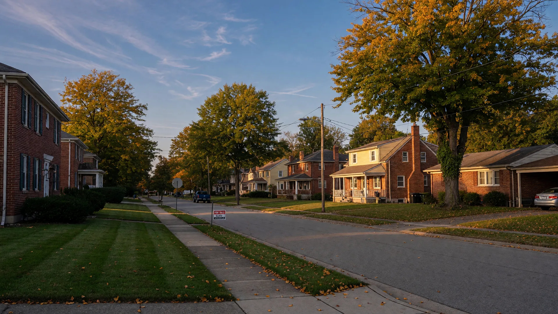 A quiet tree-lined suburban street in central Indiana at golden hour in early autumn, with a for-sale sign in a manicured front yard and mature trees showing first fall color