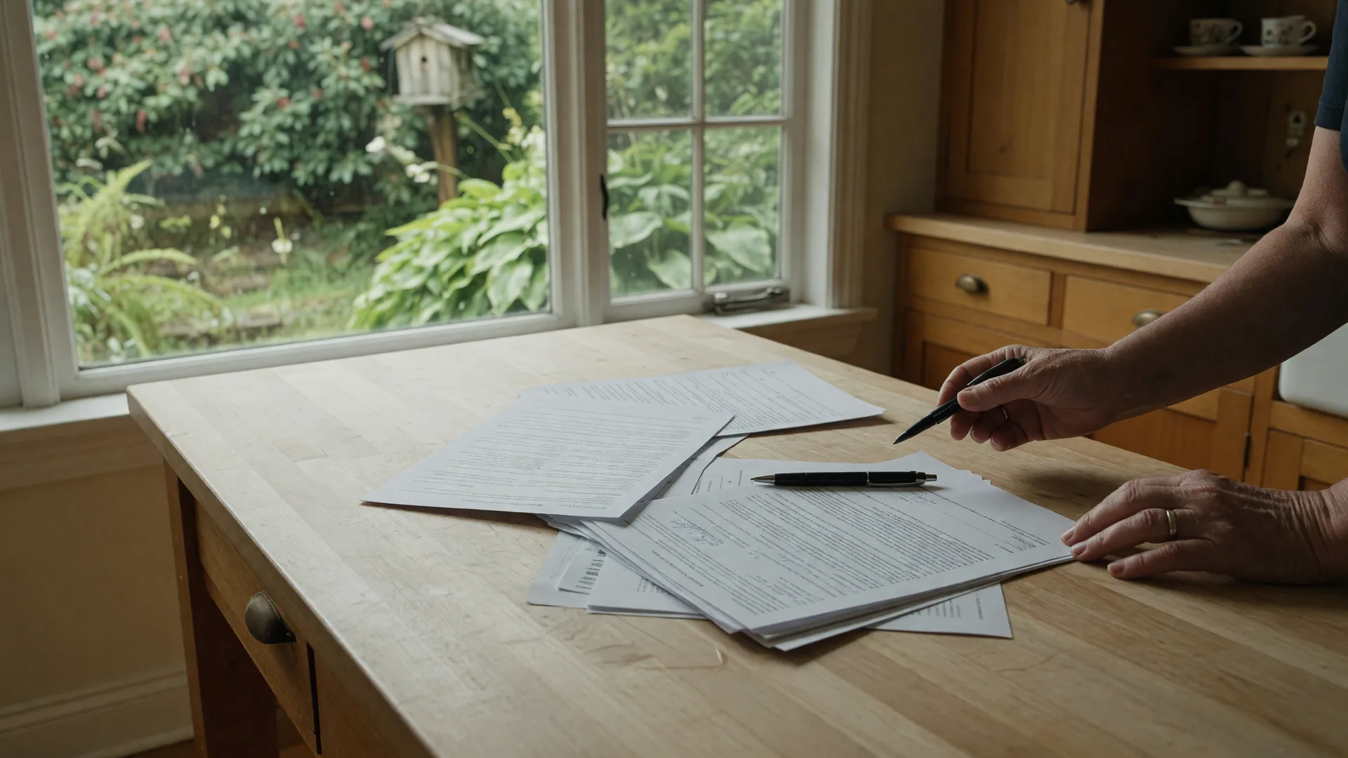 A home seller reviewing a disclosure statement on a kitchen island in a classic Victoria home in soft morning light