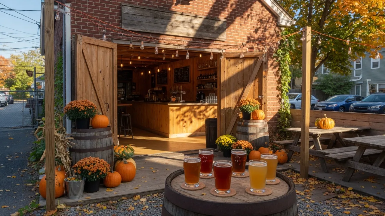 A craft brewery taproom with an outdoor beer garden in late October, string lights over wooden tables, pumpkins on barrels, and flights of amber beer in the foreground
