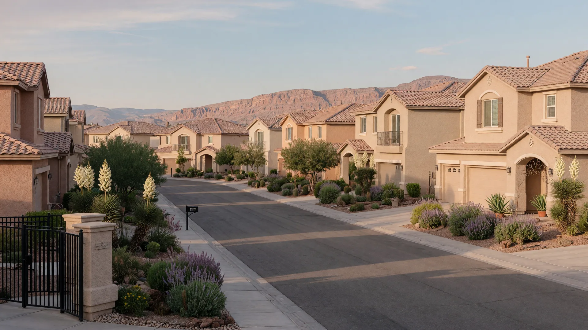 Two-story stucco homes with tile roofs and desert landscaping in a gated early-2000s Summerlin neighborhood with the Red Rock escarpment on the horizon