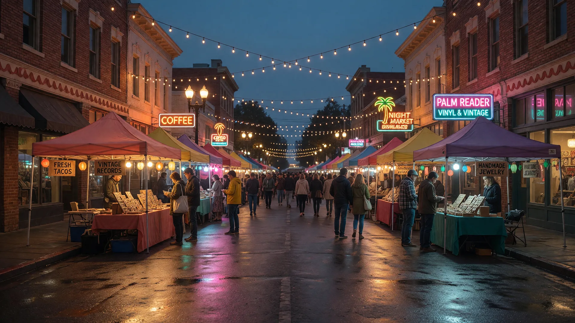 A revitalized small California downtown on a night-market evening with vendor stalls under string lights, restored storefronts with warm and cool neon accents, and a distant evening crowd on reflective pavement