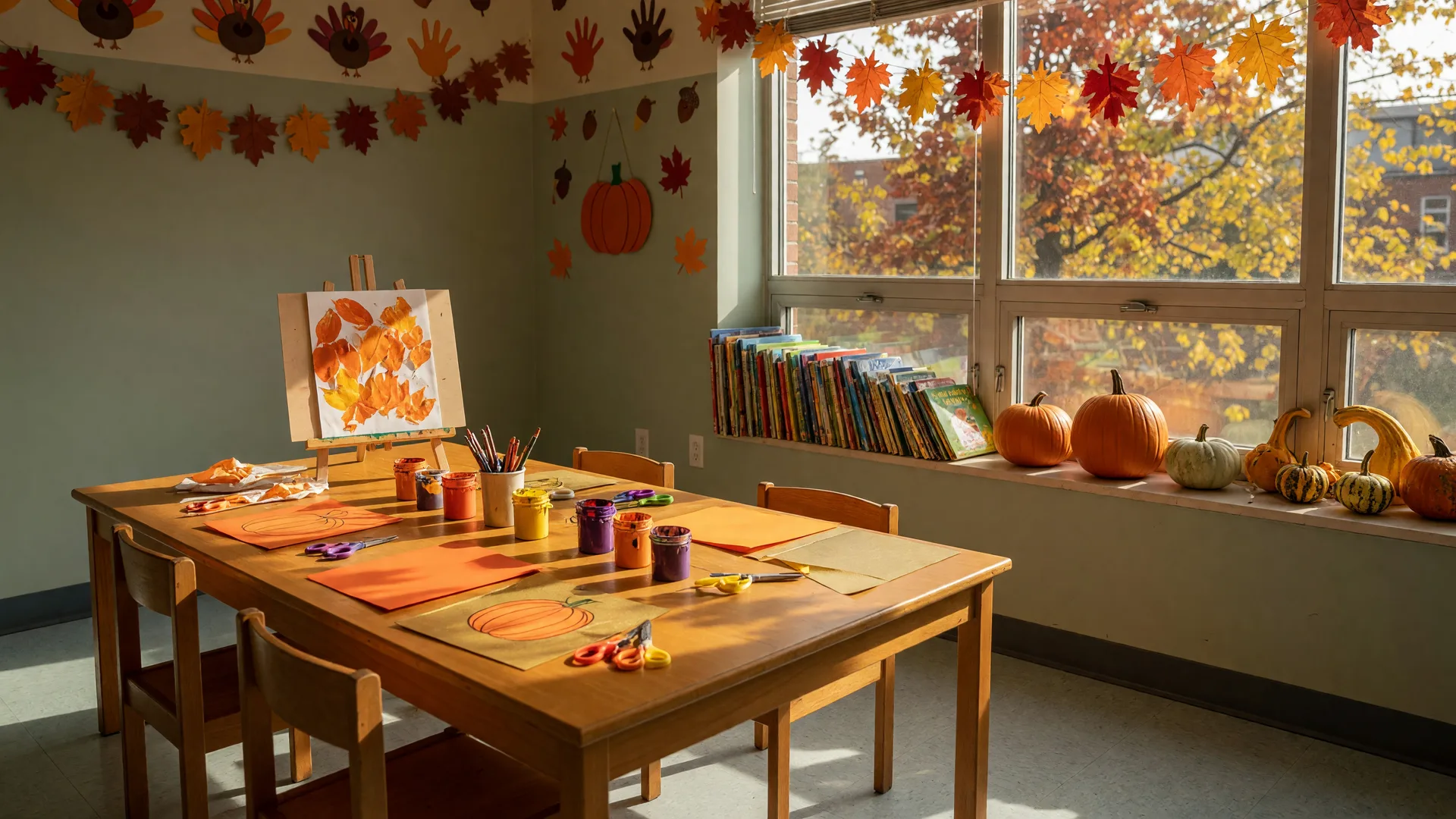 A bright children's activity room in a Pennsylvania community library decorated for late October, with a craft table, easel, a stack of picture books, and small pumpkins and gourds on the windowsill in warm autumn light