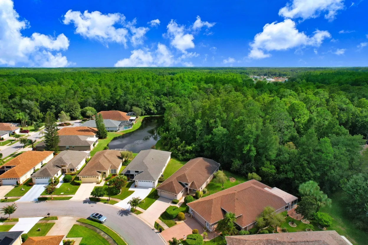 Aerial view of a Trinity Florida neighborhood with pool homes, manicured lawns, and tree-lined streets