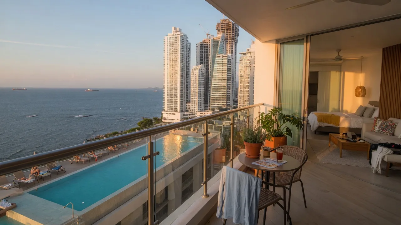A bright, furnished apartment rental in a modern Panama City high-rise seen from the balcony, with the pool below and the bay skyline under golden-hour light