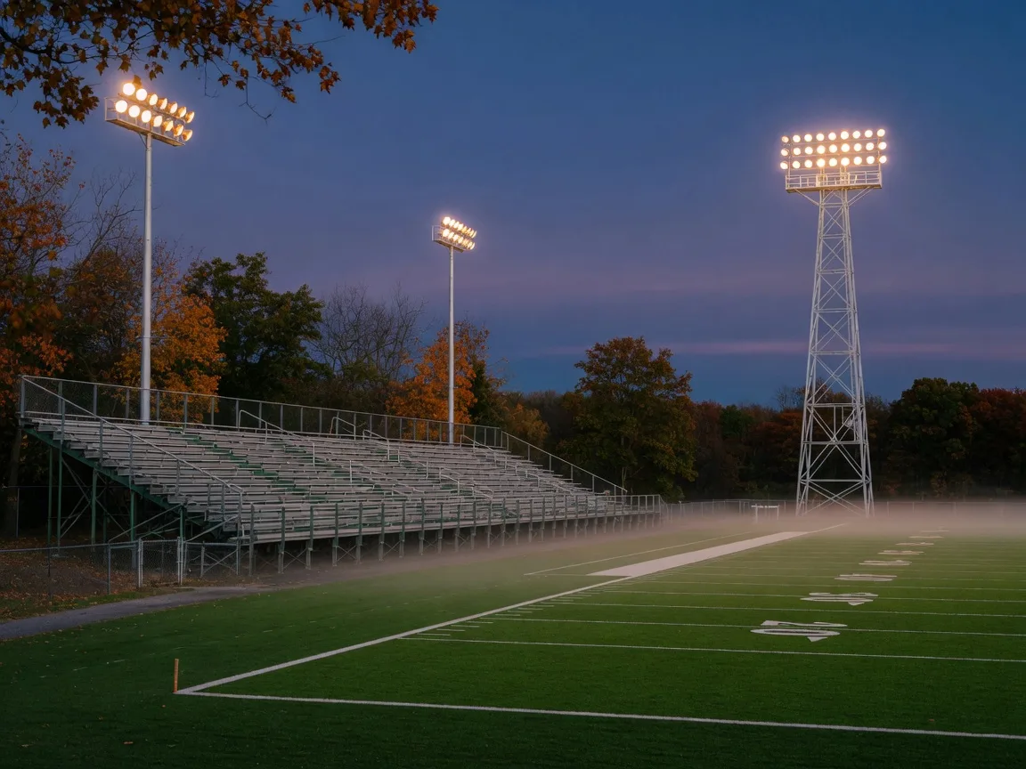 High school football stadium at dusk near Whitehall during the fall season