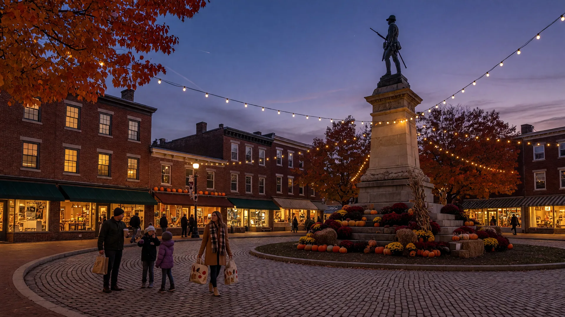 Easton's Centre Square circle at dusk in mid-October, the Soldiers' and Sailors' Monument at the center, brick storefronts glowing, mums, pumpkins and hay bales at the base, string lights overhead and a few bundled pedestrians with market bags in the blue twilight