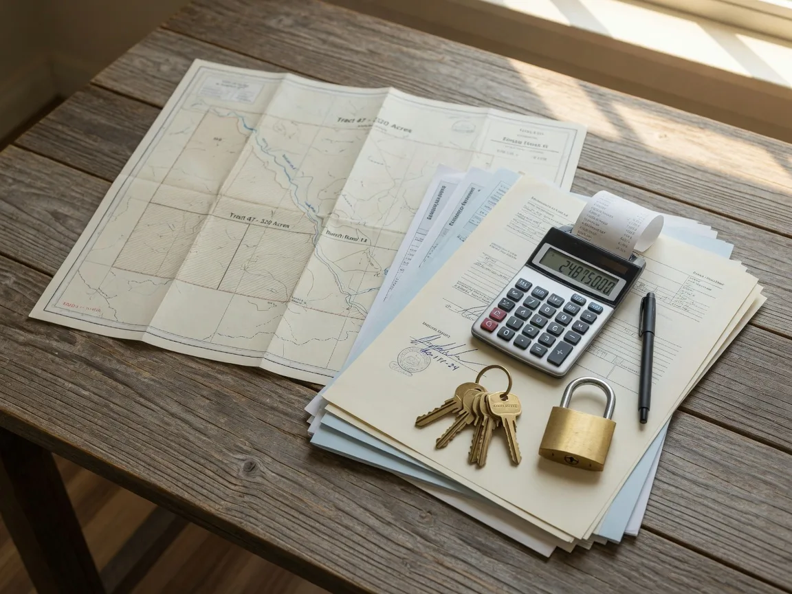 A real estate 1031 exchange closing scene on a wooden desk with a folded ranch survey map, closing documents, a pen, a calculator, keys, and a brass padlock in warm natural light