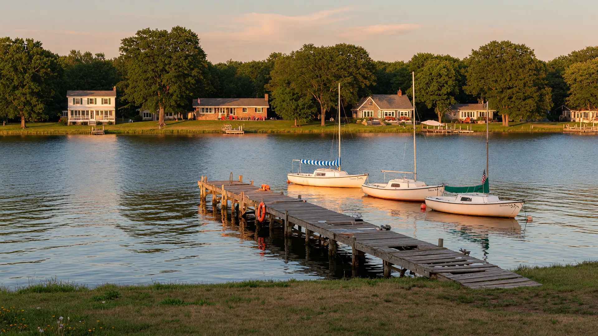Lake Fenton, Michigan at golden hour with calm blue water, a wooden dock with sailboats offshore, and a tree-lined shore of family homes