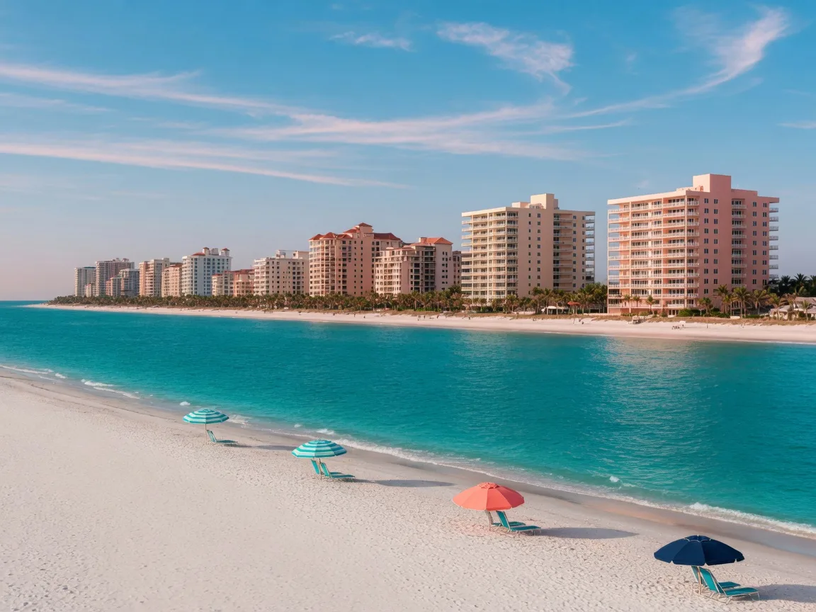 Highland Beach Florida beach with pristine white sand, turquoise ocean, and luxury oceanfront condominiums