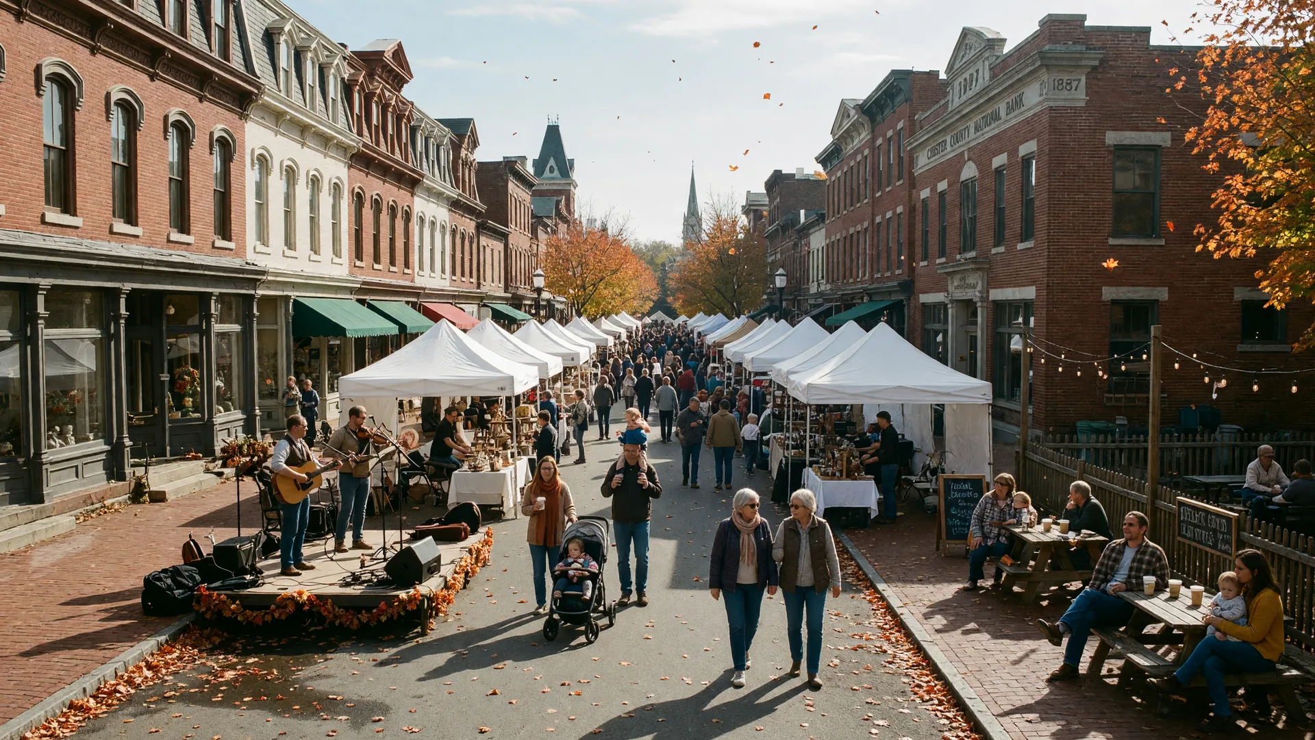 Historic Chester County downtown fall festival with white vendor tents, a beer garden near a brick bank building and live music