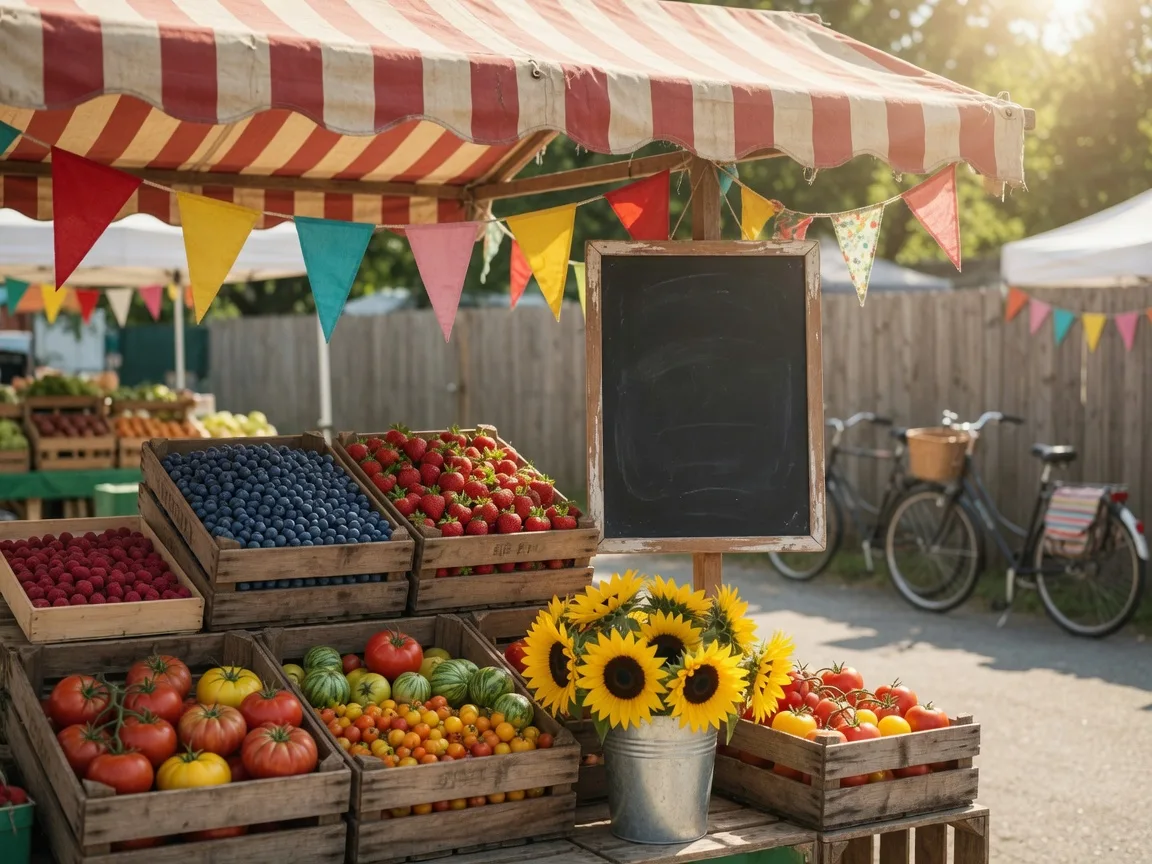 A farmers market stall with berries, produce, and sunflowers