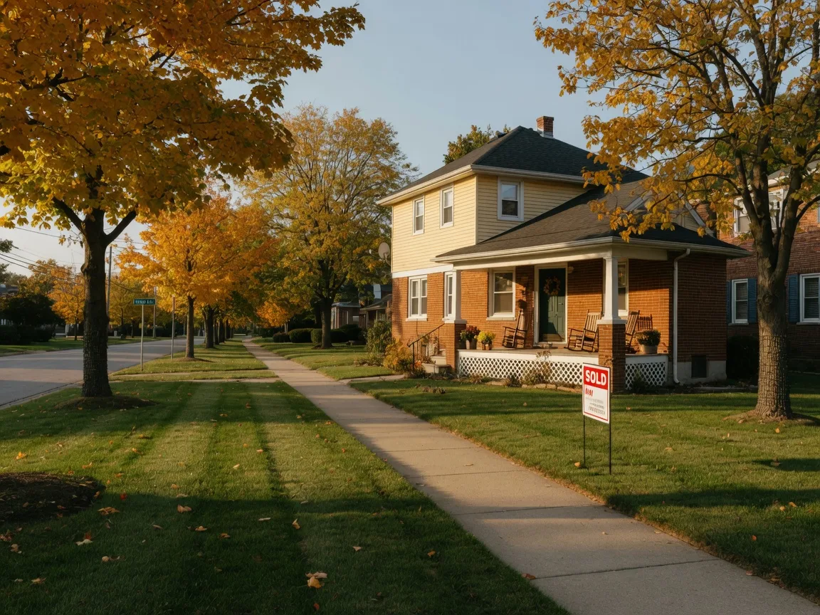 Well-kept brick and siding starter home with a covered front porch on a tree-lined Northwest Indiana street in early autumn, with a Sold sign near the curb and golden maple trees