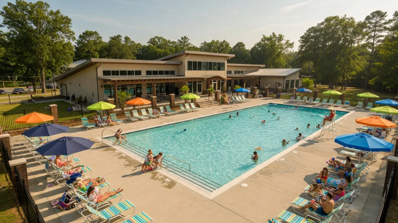 Community pool and clubhouse in the Braemar neighborhood of Bristow, Virginia on a warm summer day with loungers and umbrellas