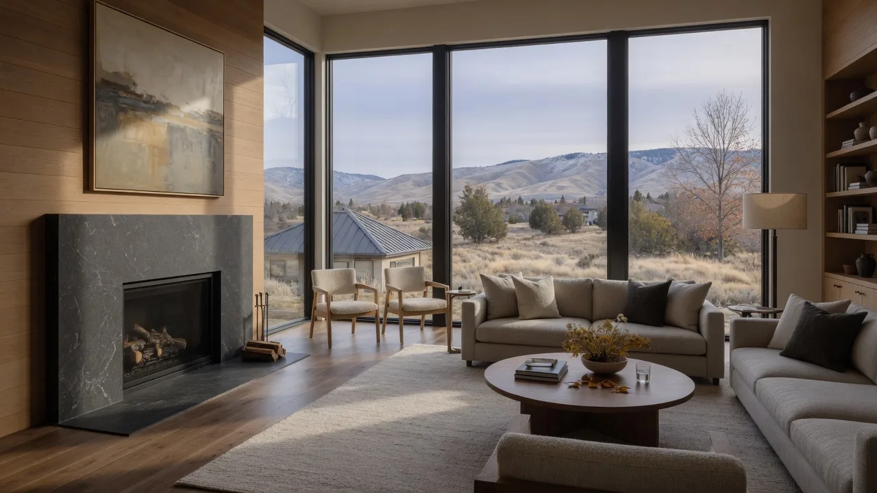 Illustrative image of an upscale Boise-area home interior with floor-to-ceiling windows and a stone fireplace in soft autumn light