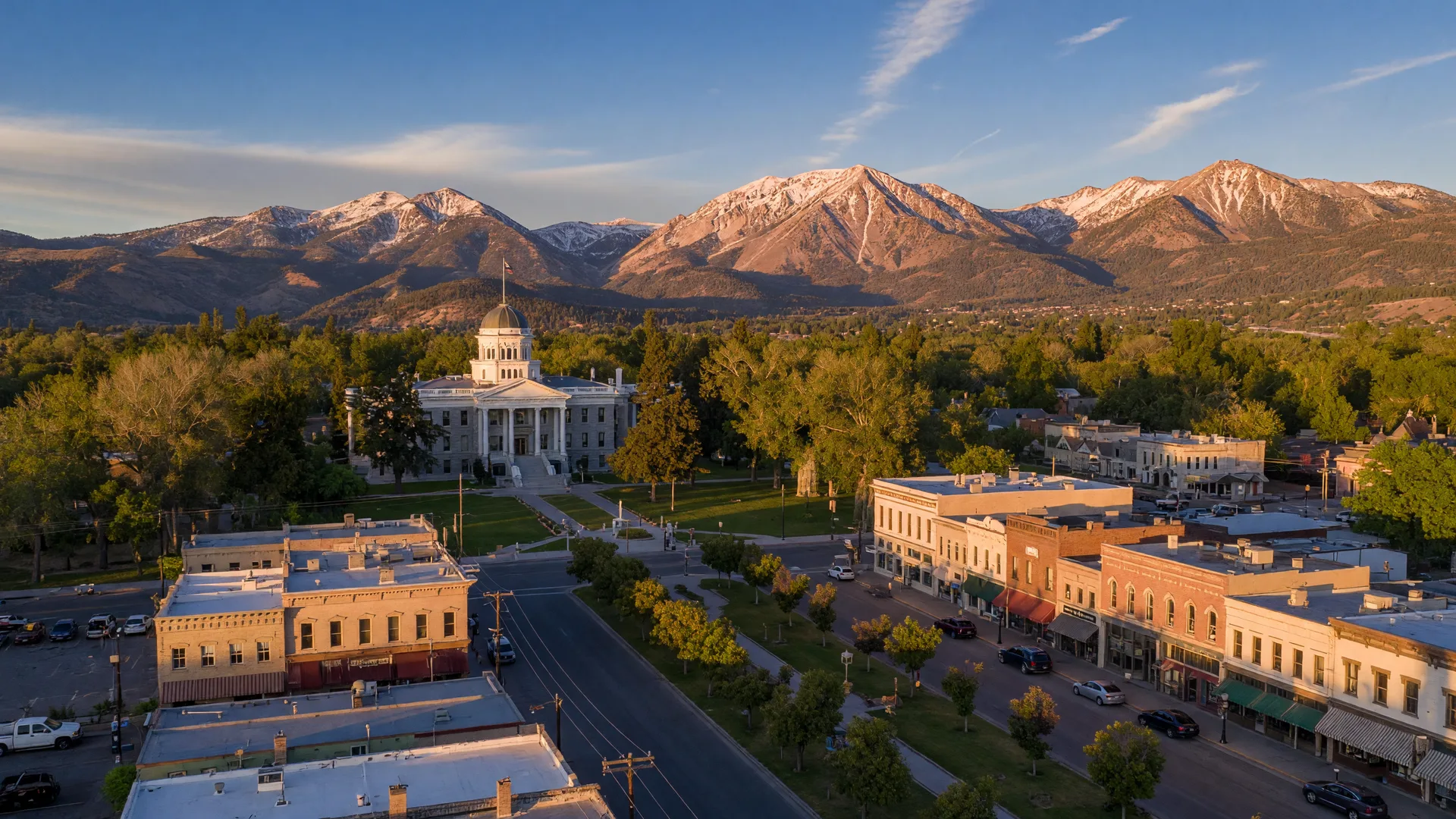 Aerial view of Carson City with the Sierra Nevada mountains in the background at golden hour.