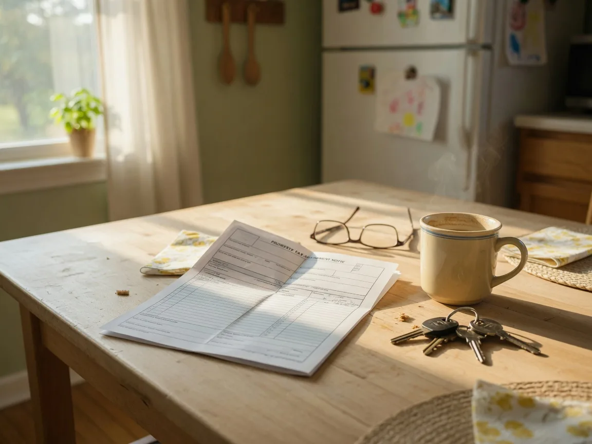 An opened property tax assessment notice on a kitchen table with reading glasses, coffee, and house keys