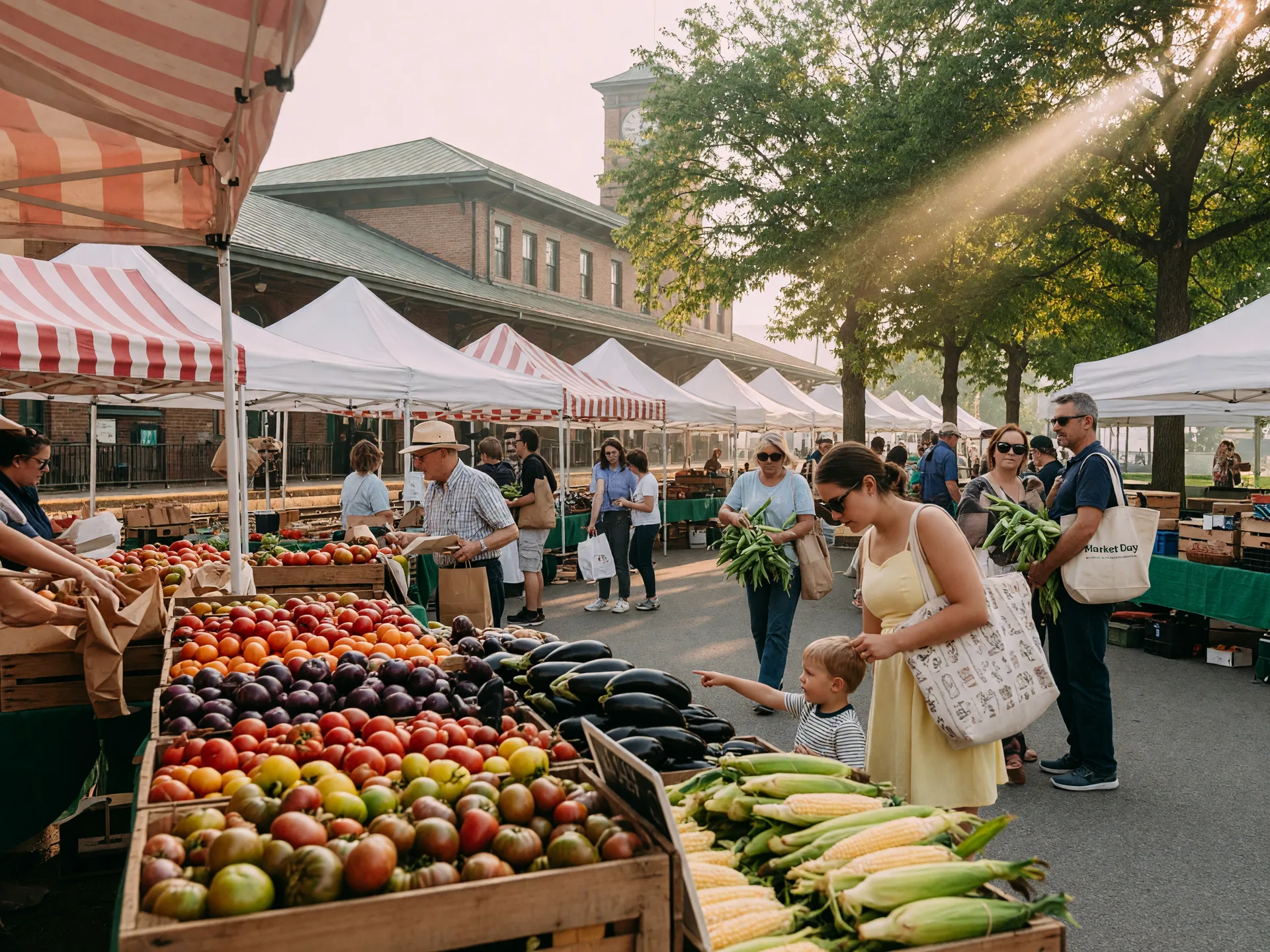 Farmers market on a bright morning with white tents, wooden crates of colorful summer produce, families shopping with canvas bags, and a historic train station backdrop
