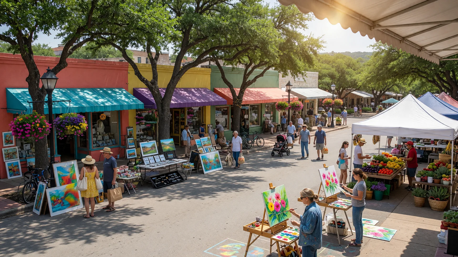 Wimberley Square on a bright sunny day — colorful storefronts, outdoor art galleries, a farmers market, and artists painting under live oak trees