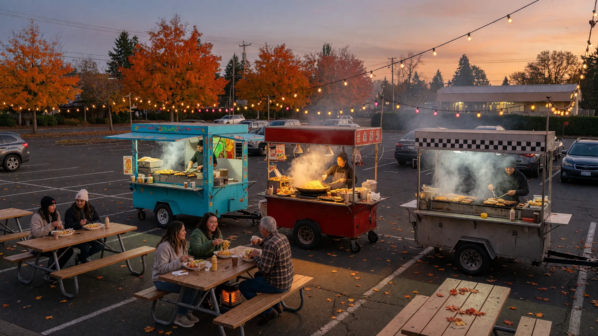 A lively food cart pod at golden hour with colorful carts, warm string lights, steam rising from a grill and diners at picnic tables under orange maples