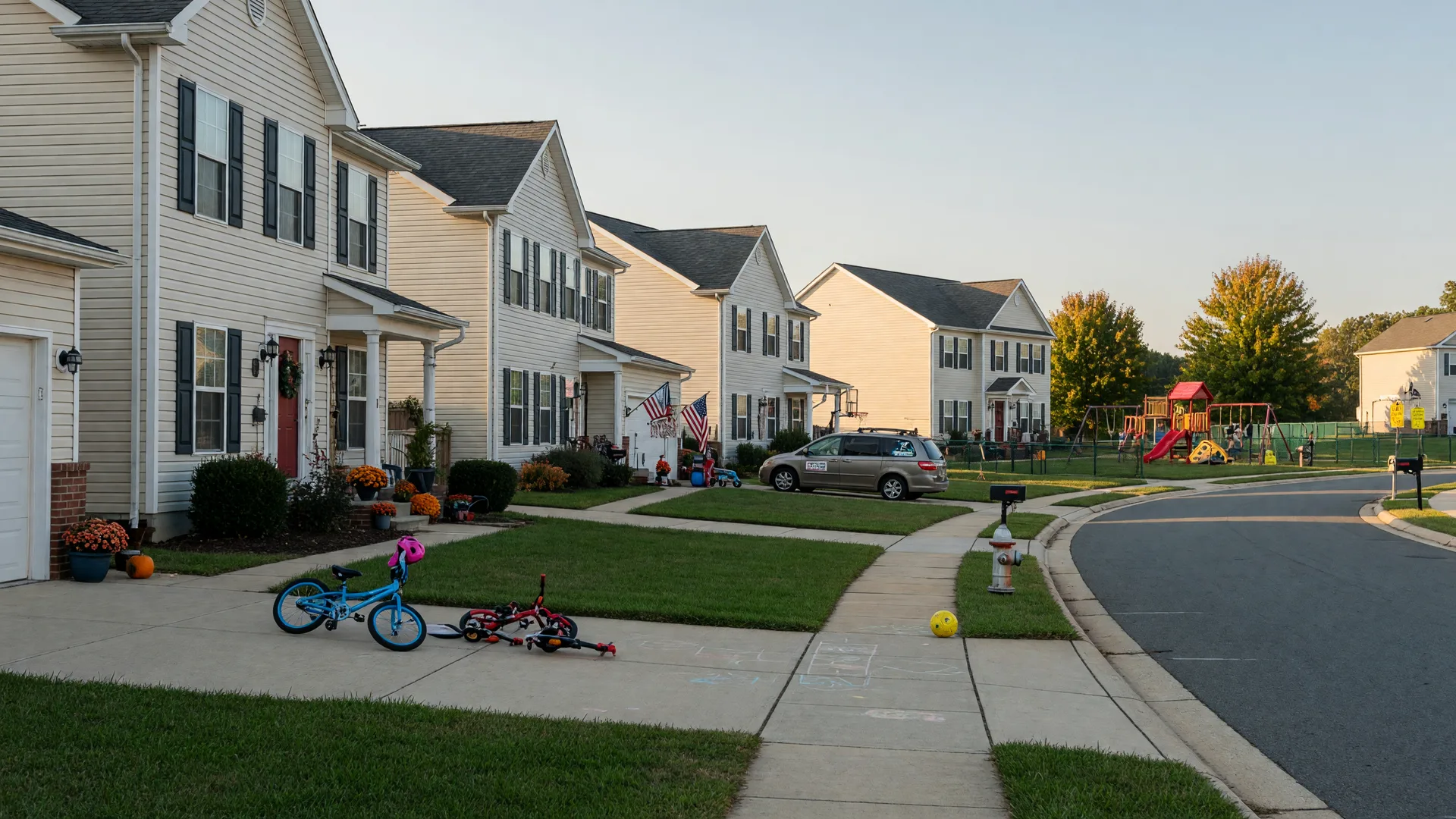 Patriots Landing Stafford Virginia family-friendly street with two-story single-family homes, a playground down the block, and sidewalks