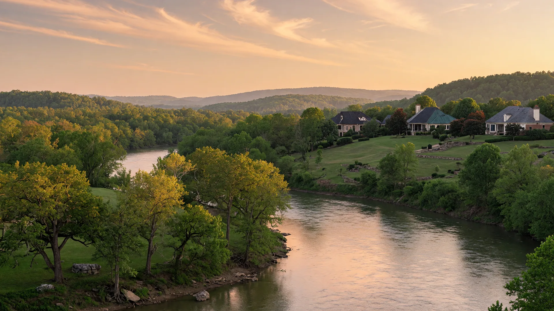 A river winding through green Middle Tennessee countryside at golden hour
