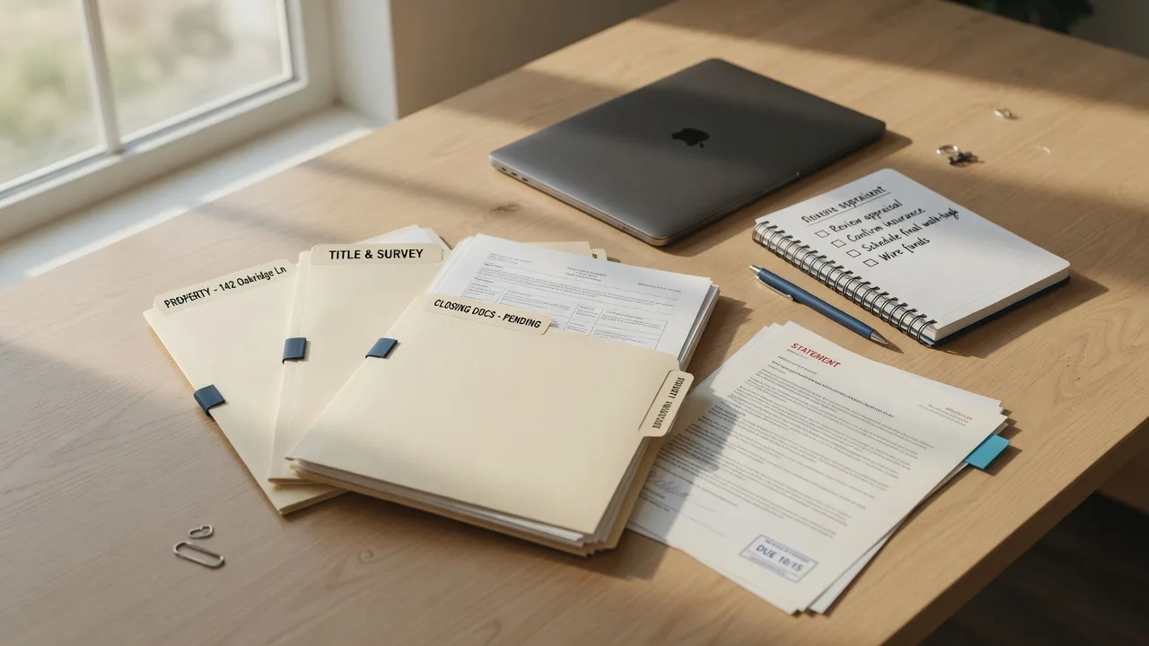 Organized short-sale file with folders, mortgage documents and a checklist on a bright desk.