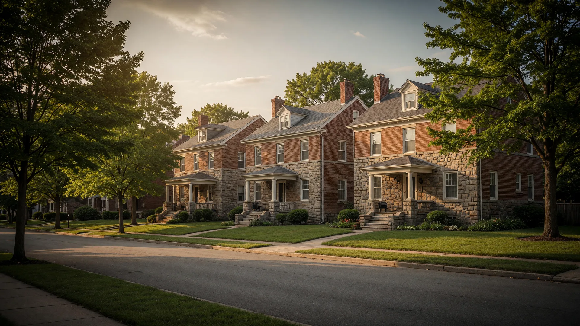 Stone and brick homes on a tree-lined Delaware County street at golden hour