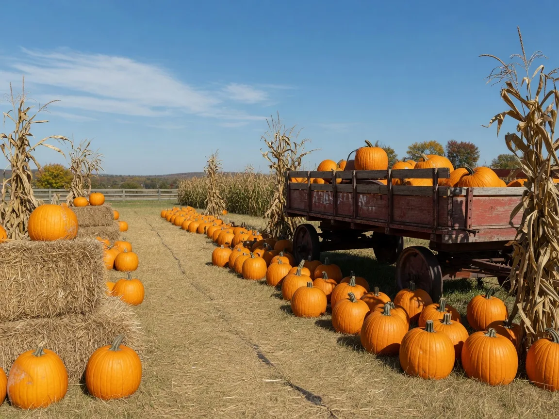 A farm pumpkin patch on a sunny afternoon with rows of orange pumpkins, a wooden wagon, hay bales, and corn stalks