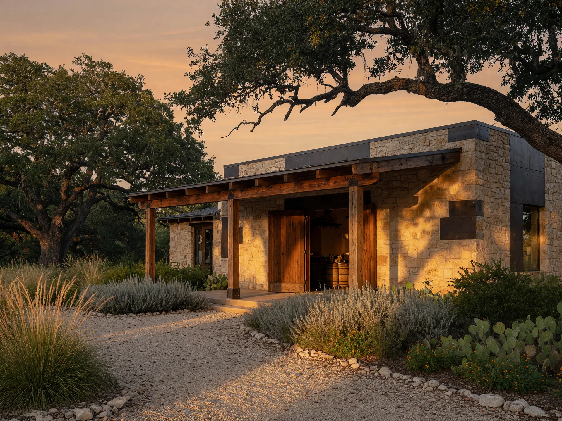 Treaty Oak Distilling in Dripping Springs Texas with rustic Hill Country stone and metal architecture, live oak trees, and rolling landscape at golden hour