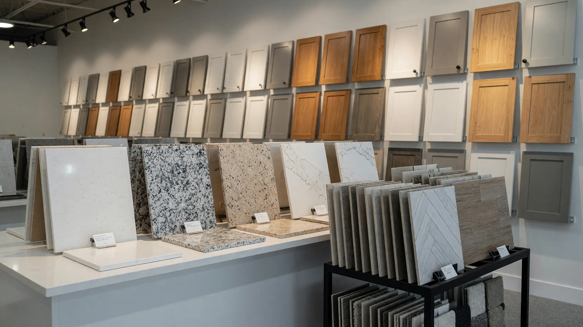 A new-home design center showroom with rows of cabinet door samples, countertop slabs, and flooring samples under warm lighting.