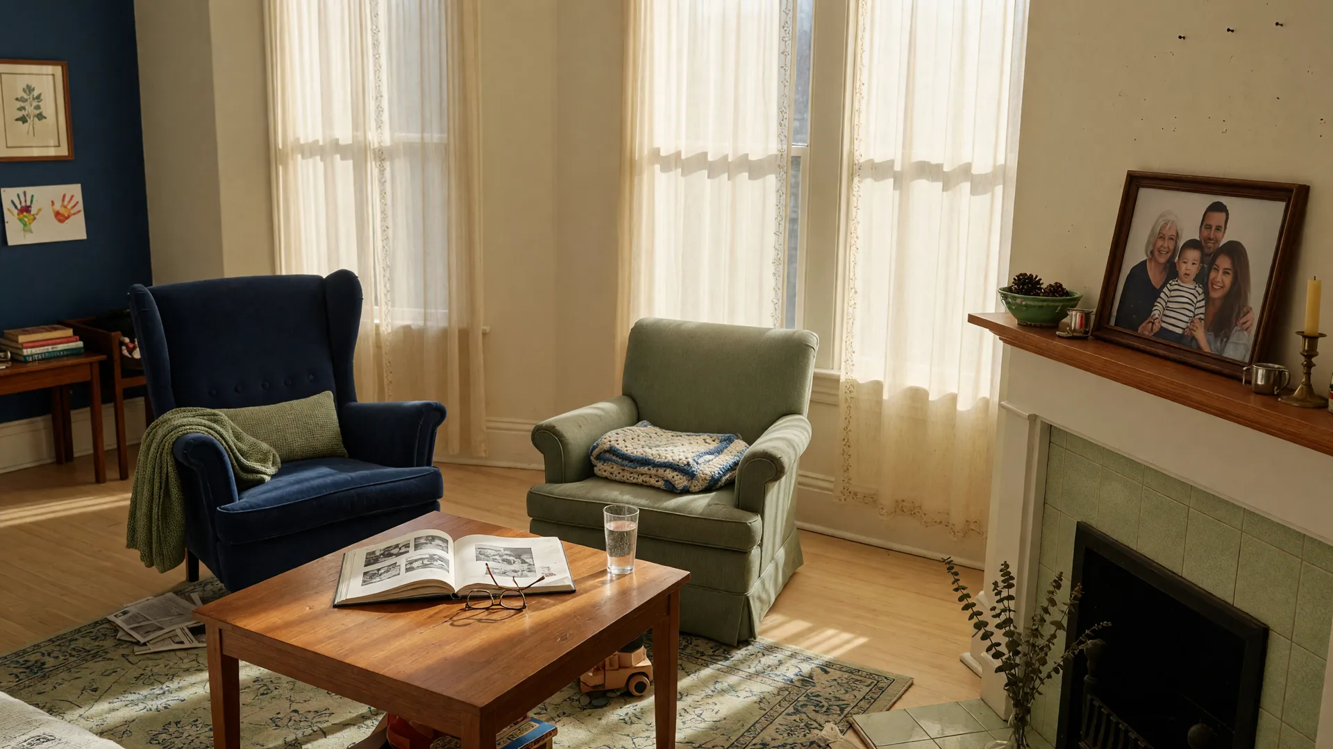 A warm, sunlit living room with comfortable armchairs and family photos