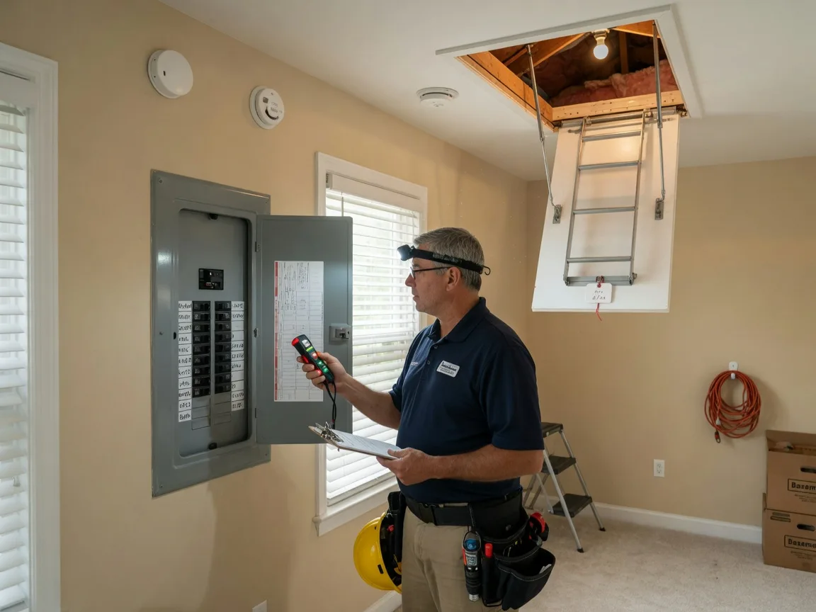 Home inspector checking electrical systems and attic access