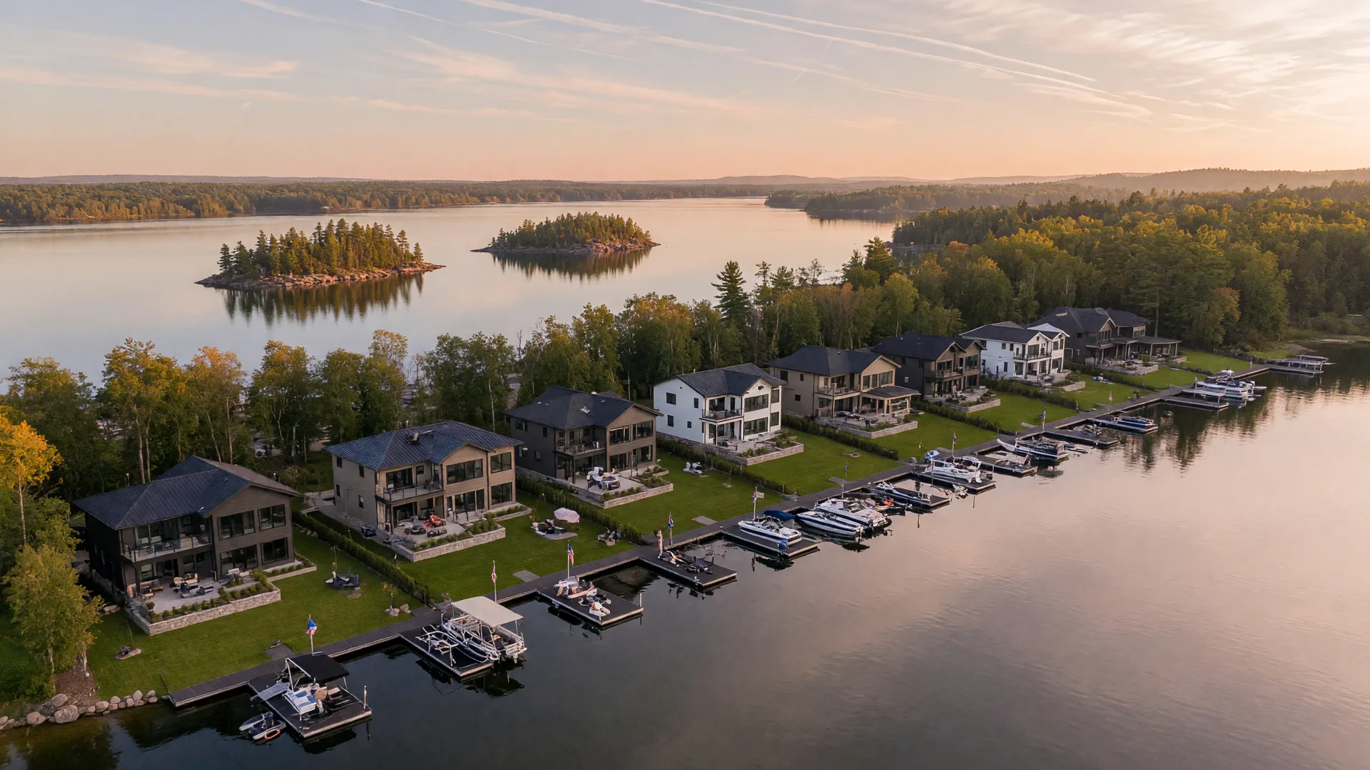 Aerial view of upscale lakeside homes with private docks along a large Minnesota lake
