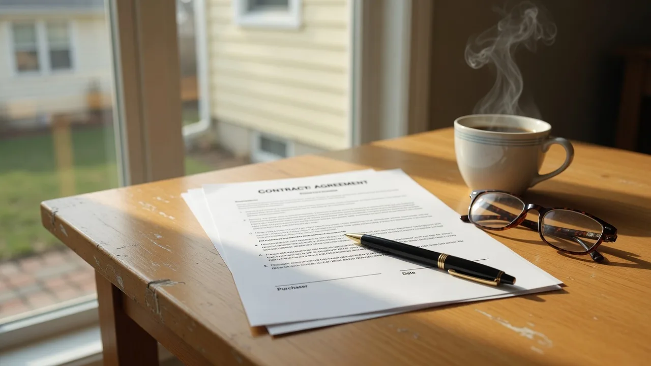 Purchase agreement, pen, reading glasses, and coffee on a table beside a window in soft light