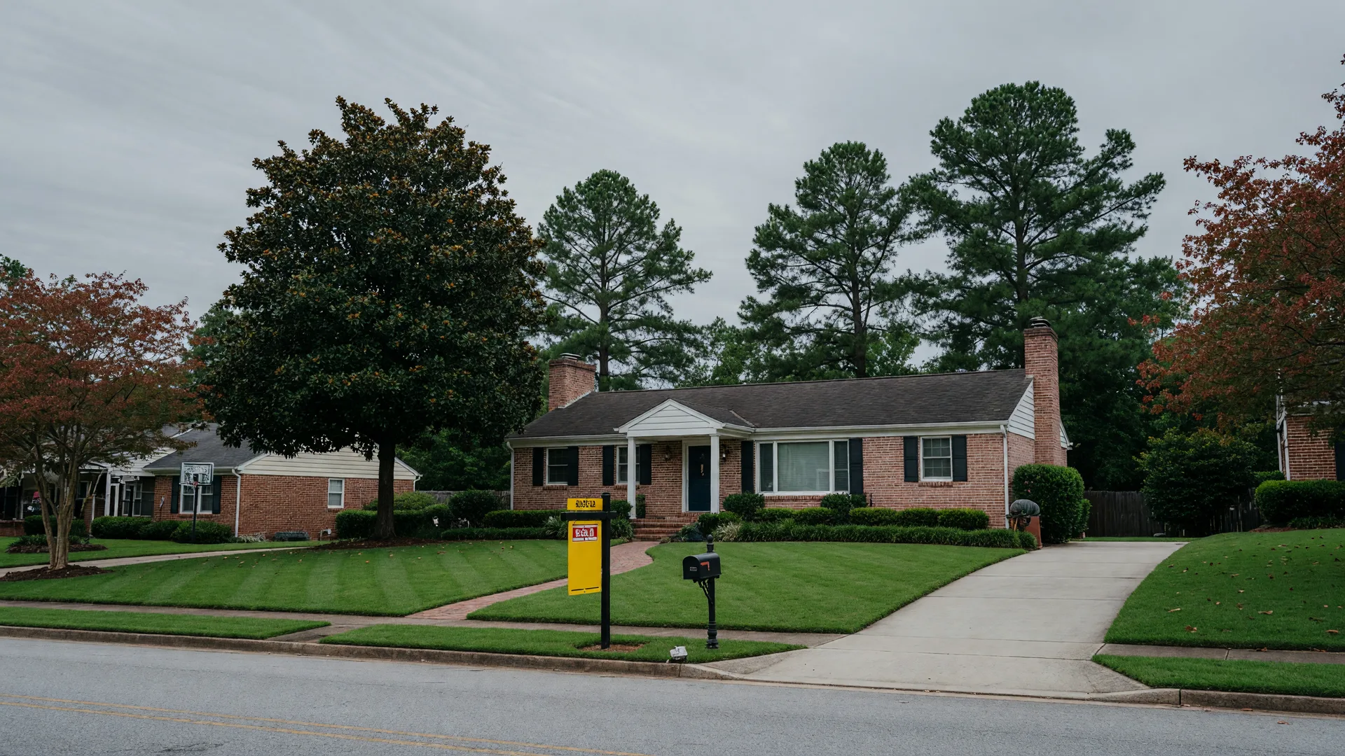 A well-maintained Atlanta home with a For Sale sign in the front yard on an overcast afternoon, conveying a quiet waiting feeling