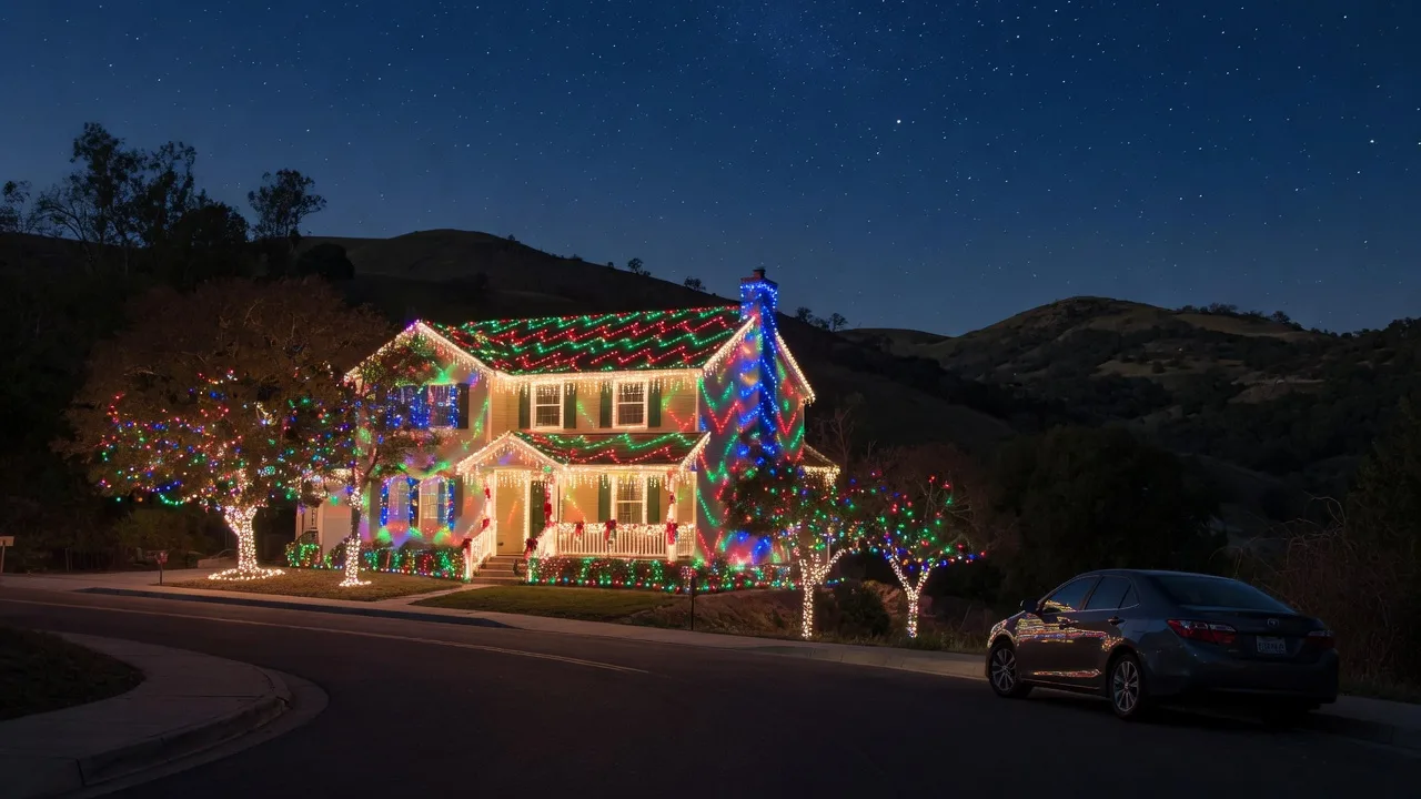 A suburban California hillside home at night glowing with thousands of synchronized red, green, white, and blue holiday lights, with a parked car on the quiet street watching the display