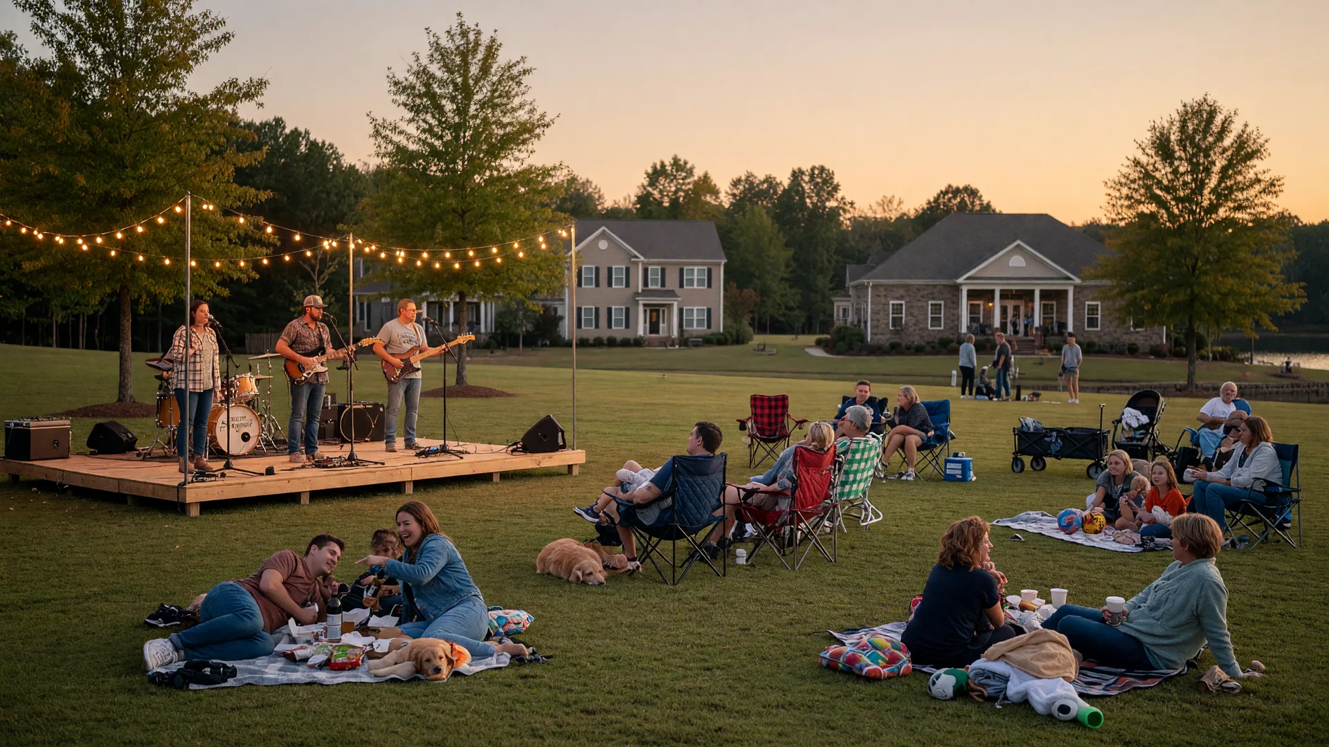 An early-fall Thursday evening free outdoor concert on the lawn at LangTree Lake Norman, a local band on a string-lit stage with families on blankets and lawn chairs under a golden-hour sky