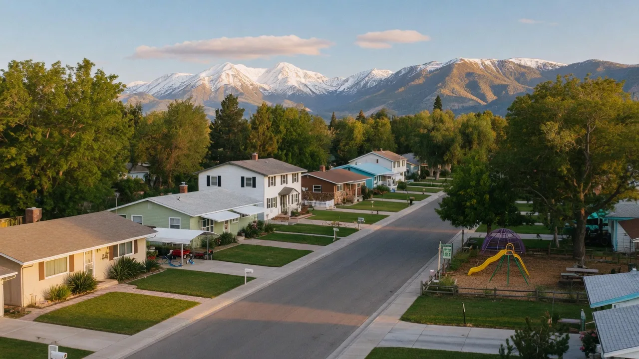 A leafy Carson City neighborhood from an elevated view with tree-lined streets, ranch and two-story homes, and the Sierra Nevada in the background.